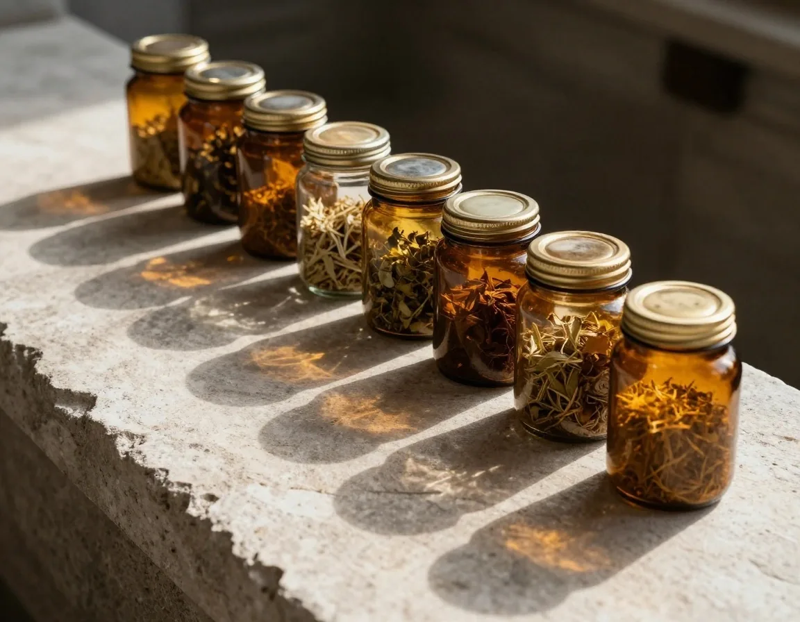 Amber glass jars with dried botanicals