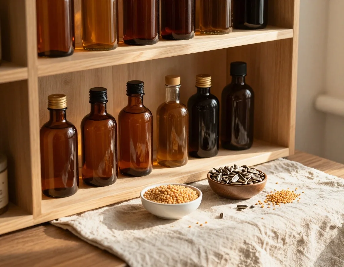 Amber glass bottles with dried botanicals on linen workbench