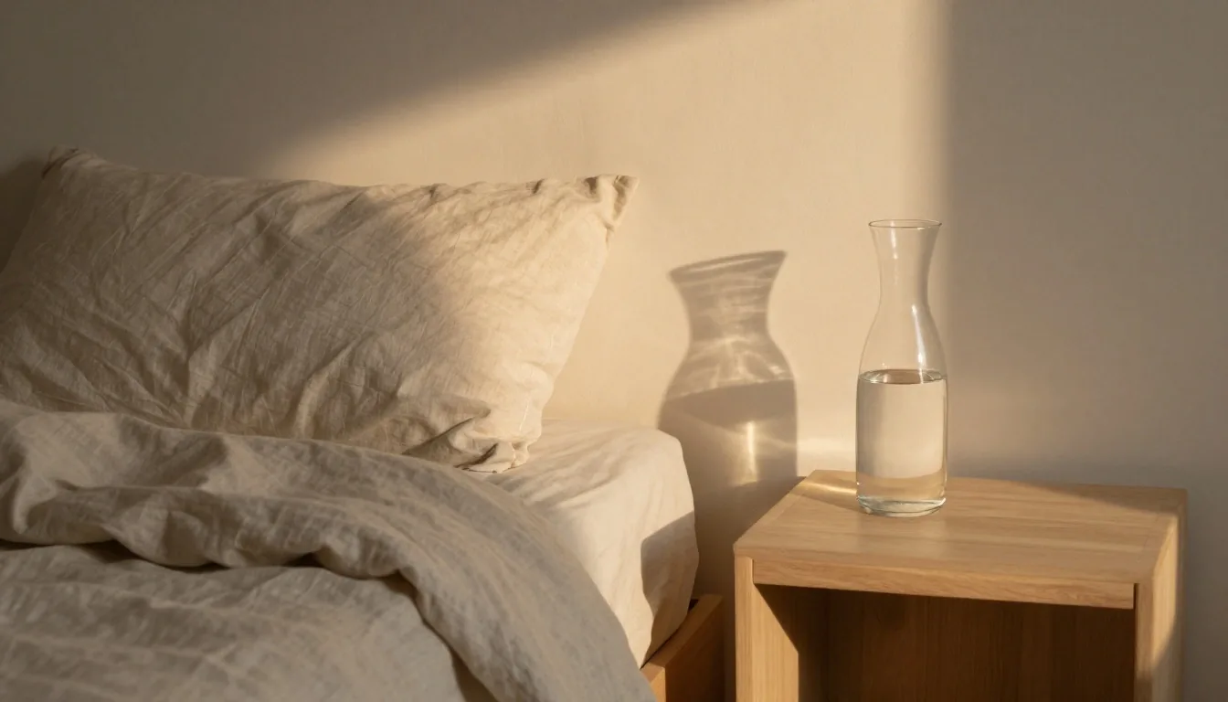 Wide workbench with open folios and amber jars under morning light