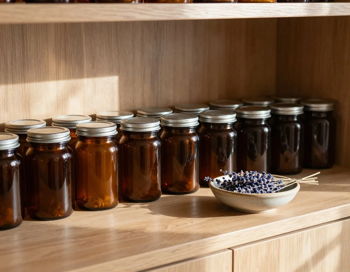 Dry kitchen cupboard shelf with amber glass jars under warm morning light