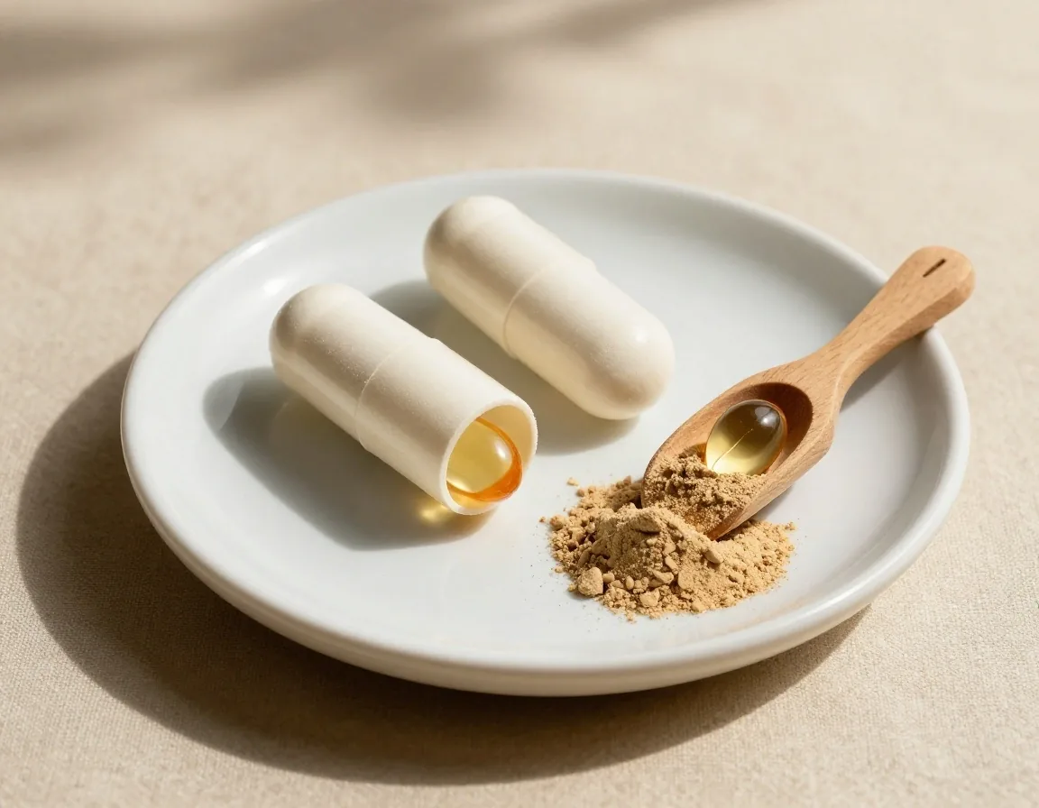 Four supplement formats — capsule, tablet, softgel, and powder — on linen under side-light